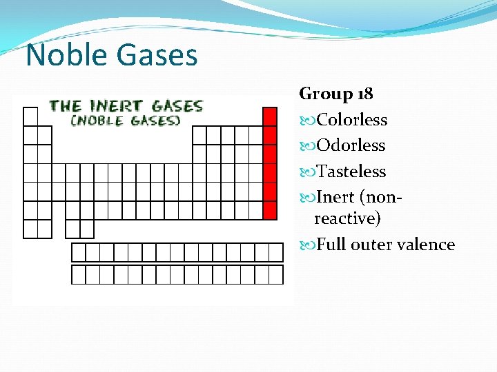 Noble Gases Group 18 Colorless Odorless Tasteless Inert (nonreactive) Full outer valence 