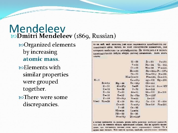 Mendeleev Dmitri Mendeleev (1869, Russian) Organized elements by increasing atomic mass. Elements with similar