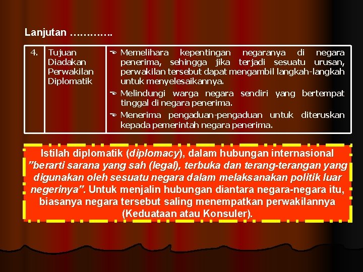 Lanjutan …………. 4. Tujuan Diadakan Perwakilan Diplomatik Memelihara kepentingan negaranya di negara penerima, sehingga