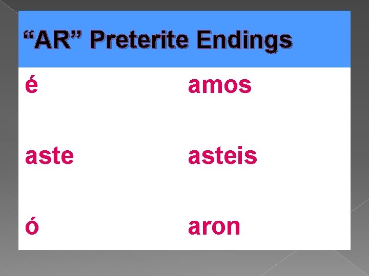 “AR” Preterite Endings é amos asteis ó aron 