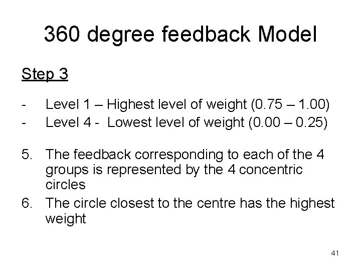 360 degree feedback Model Step 3 - Level 1 – Highest level of weight 360 degree feedback Model Step 3 - Level 1 – Highest level of weight