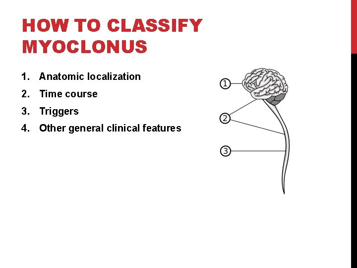 HOW TO CLASSIFY MYOCLONUS 1. Anatomic localization 2. Time course 3. Triggers 4. Other