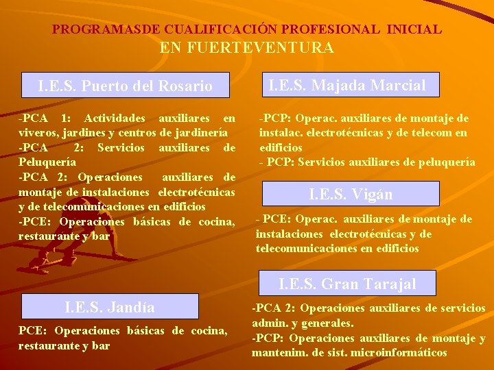 PROGRAMASDE CUALIFICACIÓN PROFESIONAL INICIAL EN FUERTEVENTURA I. E. S. Puerto del Rosario -PCA 1: