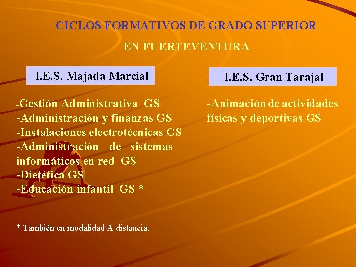 CICLOS FORMATIVOS DE GRADO SUPERIOR EN FUERTEVENTURA I. E. S. Majada Marcial -Gestión Administrativa
