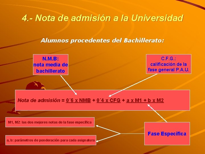 4. - Nota de admisión a la Universidad Alumnos procedentes del Bachillerato: N. M.