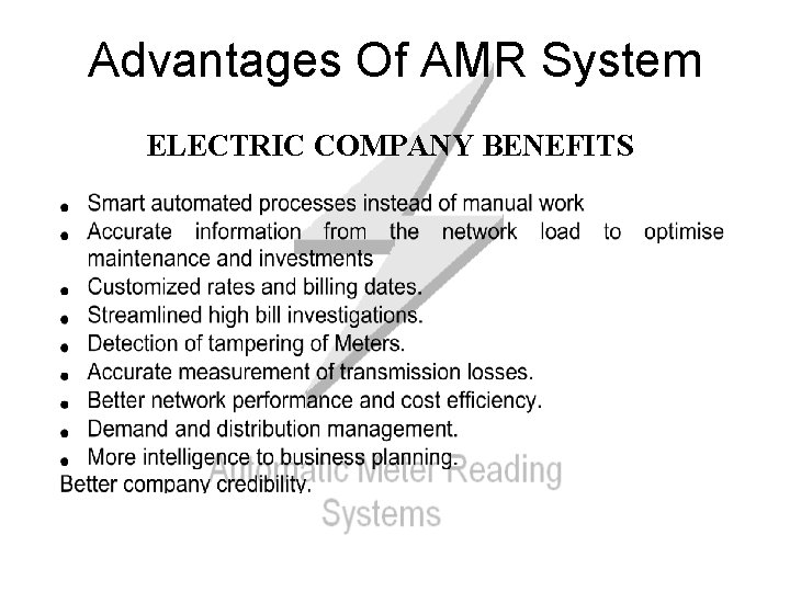 Advantages Of AMR System ELECTRIC COMPANY BENEFITS 