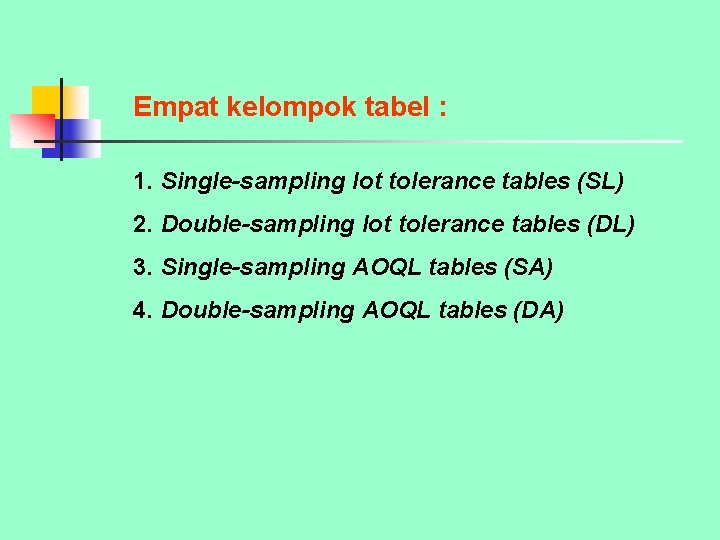 Empat kelompok tabel : 1. Single-sampling lot tolerance tables (SL) 2. Double-sampling lot tolerance