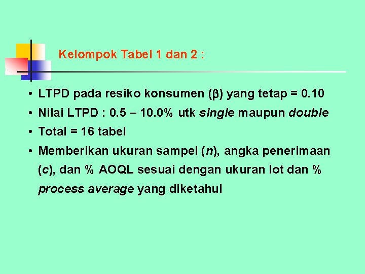 Kelompok Tabel 1 dan 2 : • LTPD pada resiko konsumen ( ) yang