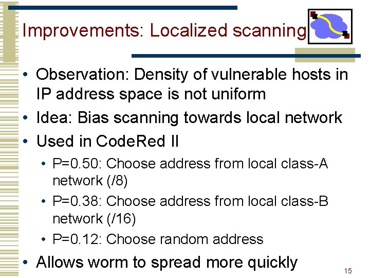 Improvements: Localized scanning • Observation: Density of vulnerable hosts in IP address space is