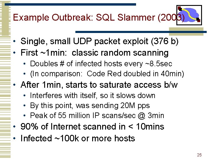 Example Outbreak: SQL Slammer (2003) • Single, small UDP packet exploit (376 b) •