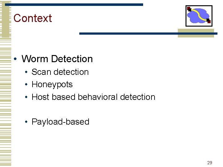 Context • Worm Detection • Scan detection • Honeypots • Host based behavioral detection