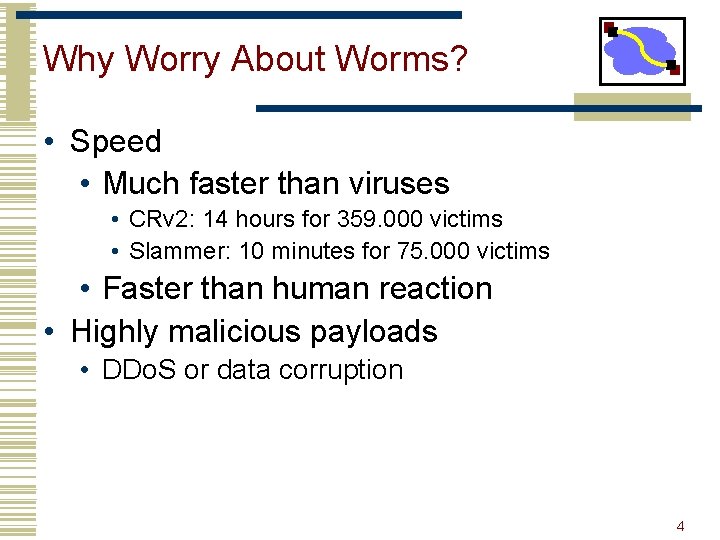 Why Worry About Worms? • Speed • Much faster than viruses • CRv 2: