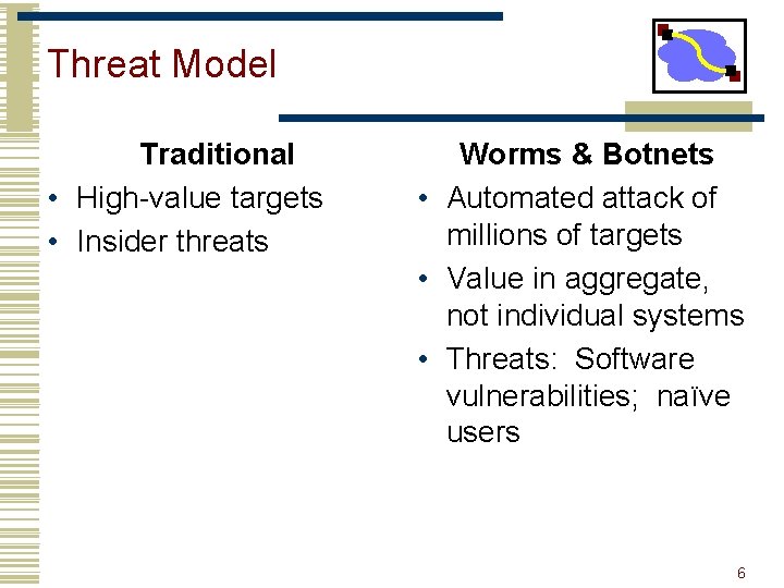 Threat Model Traditional • High-value targets • Insider threats Worms & Botnets • Automated