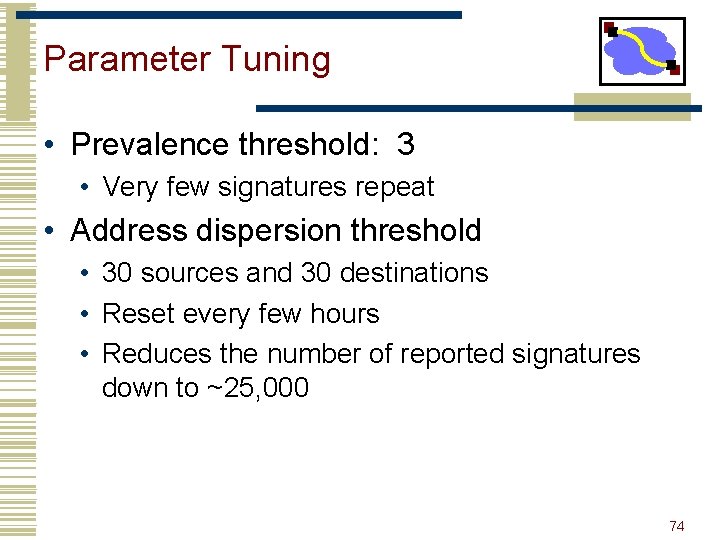 Parameter Tuning • Prevalence threshold: 3 • Very few signatures repeat • Address dispersion