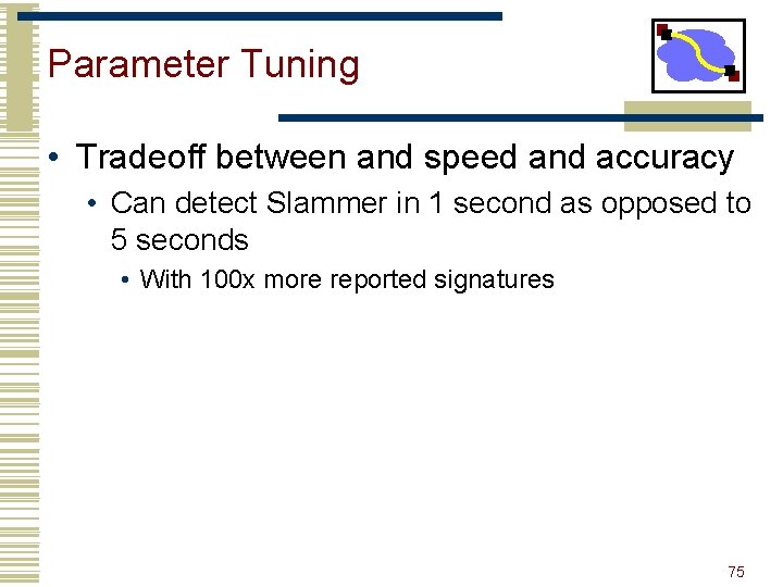 Parameter Tuning • Tradeoff between and speed and accuracy • Can detect Slammer in