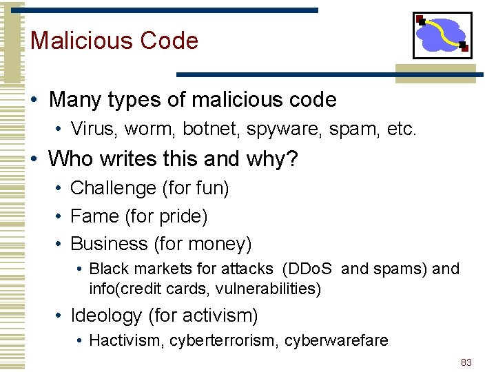 Malicious Code • Many types of malicious code • Virus, worm, botnet, spyware, spam,