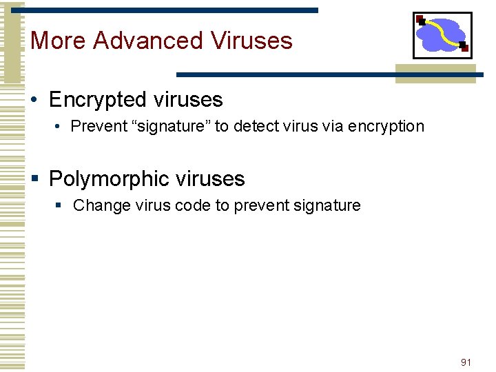 More Advanced Viruses • Encrypted viruses • Prevent “signature” to detect virus via encryption