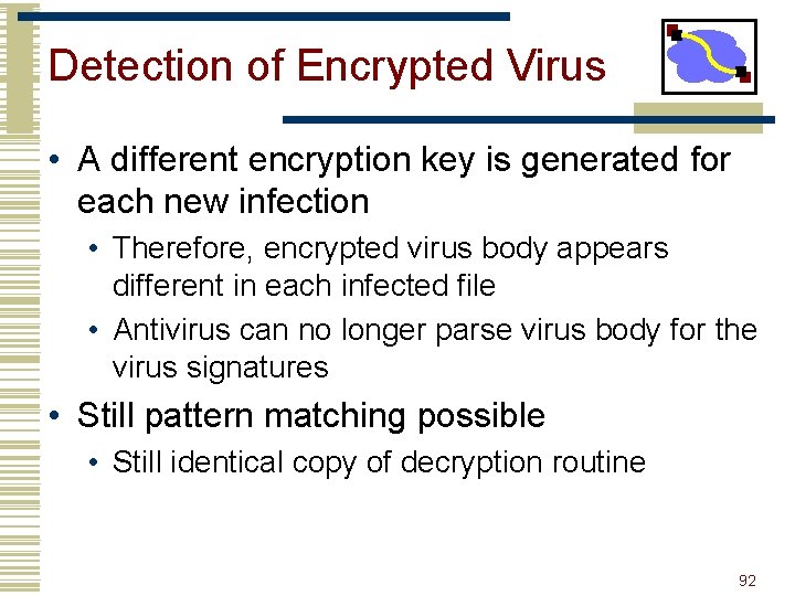 Detection of Encrypted Virus • A different encryption key is generated for each new