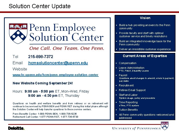Solution Center Update Vision § Build a hub providing answers to the Penn community