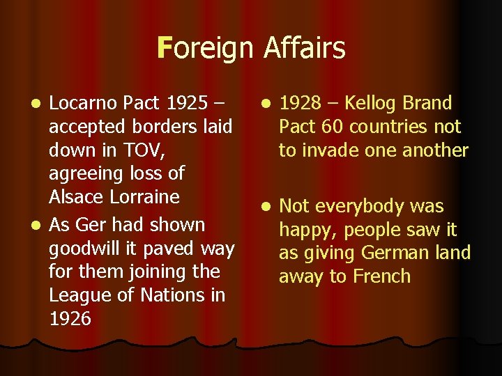 Foreign Affairs Locarno Pact 1925 – accepted borders laid down in TOV, agreeing loss