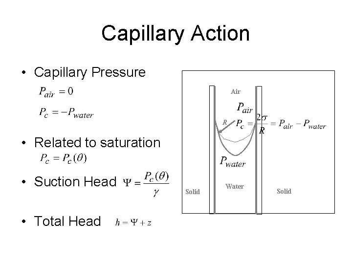 Capillary Action • Capillary Pressure Air R • Related to saturation • Suction Head