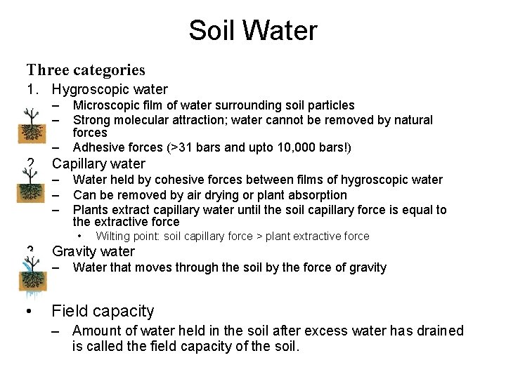 Soil Water Three categories 1. Hygroscopic water – – – Microscopic film of water
