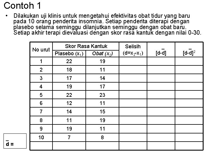 Contoh 1 • Dilakukan uji klinis untuk mengetahui efektivitas obat tidur yang baru pada