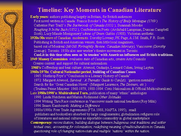 Timeline: Key Moments in Canadian Literature Early years: authors publishing largely in Britain, for