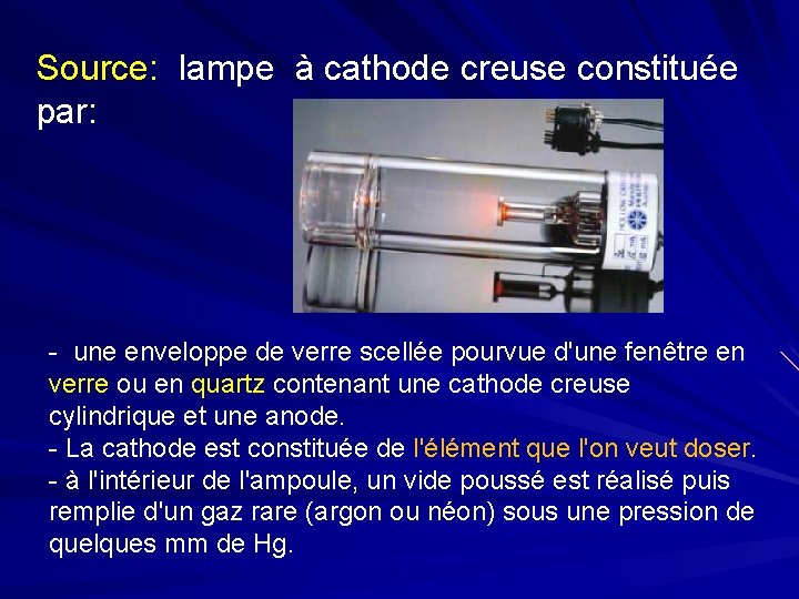 Source: lampe à cathode creuse constituée par: - une enveloppe de verre scellée pourvue