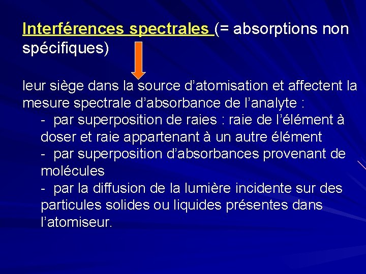 Interférences spectrales (= absorptions non spécifiques) leur siège dans la source d’atomisation et affectent