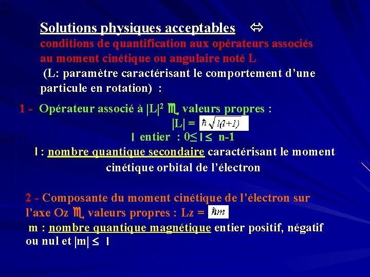 Solutions physiques acceptables conditions de quantification aux opérateurs associés au moment cinétique ou angulaire