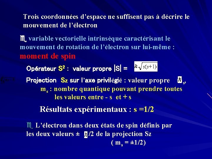 Trois coordonnées d’espace ne suffisent pas à décrire le mouvement de l’électron variable vectorielle