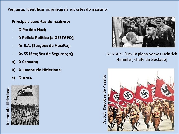 Pergunta: Identificar os principais suportes do nazismo; Principais suportes do nazismo: - O Partido