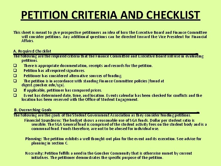 PETITION CRITERIA AND CHECKLIST This sheet is meant to give prospective petitioners an idea