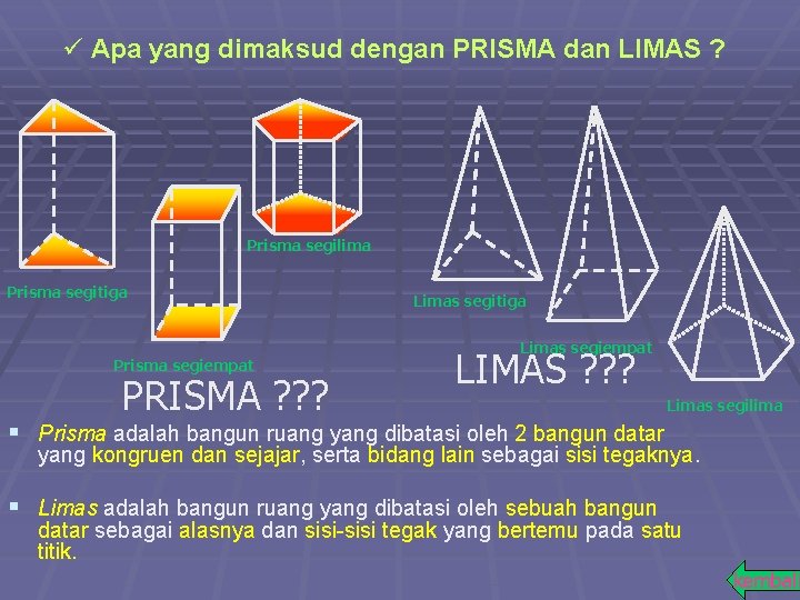 ü Apa yang dimaksud dengan PRISMA dan LIMAS ? Prisma segilima Prisma segitiga Prisma