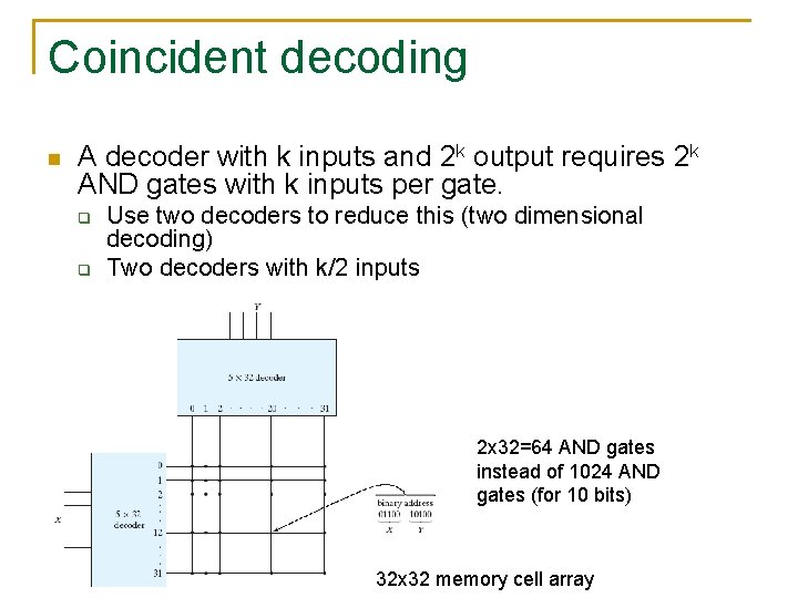 Coincident decoding n A decoder with k inputs and 2 k output requires 2