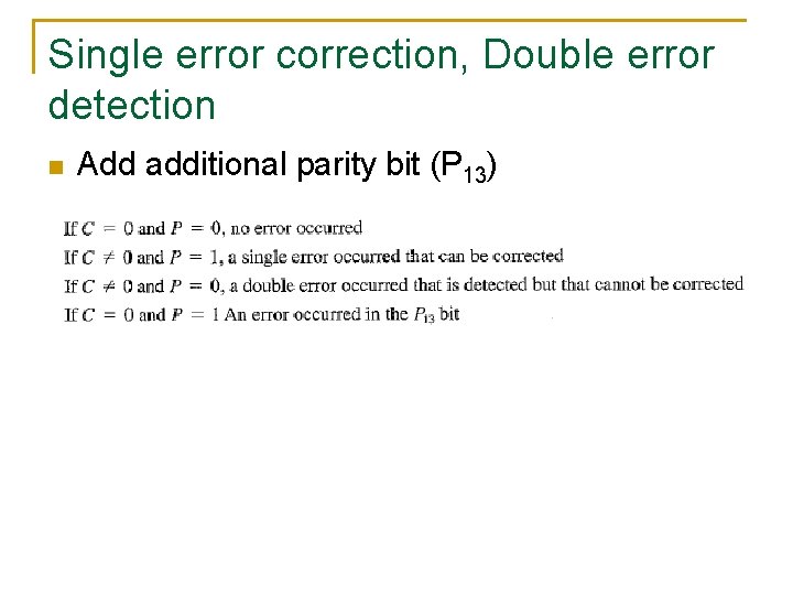 Single error correction, Double error detection n Add additional parity bit (P 13) 