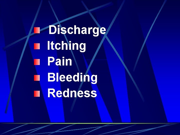 Discharge Itching Pain Bleeding Redness 