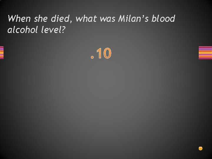 When she died, what was Milan’s blood alcohol level? . 10 