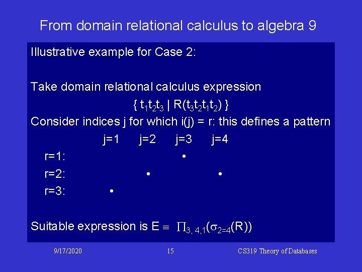 From domain relational calculus to algebra 9 Illustrative example for Case 2: Take domain