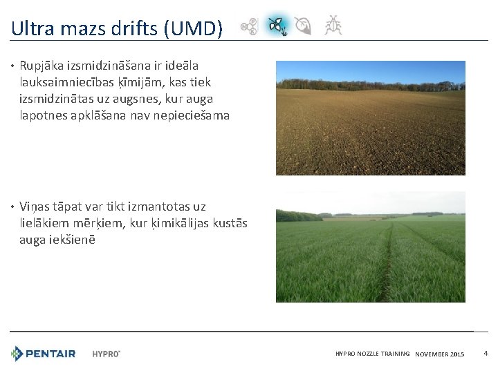 Ultra mazs drifts (UMD) • Rupjāka izsmidzināšana ir ideāla lauksaimniecības ķīmijām, kas tiek izsmidzinātas