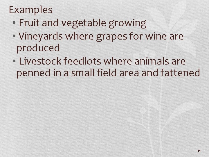 Examples • Fruit and vegetable growing • Vineyards where grapes for wine are produced