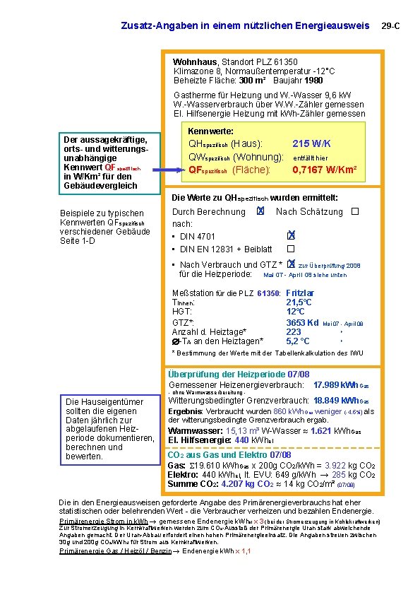 Zusatz-Angaben in einem nützlichen Energieausweis Wohnhaus, Standort PLZ 61350 Klimazone 8, Normaußentemperatur -12°C Beheizte