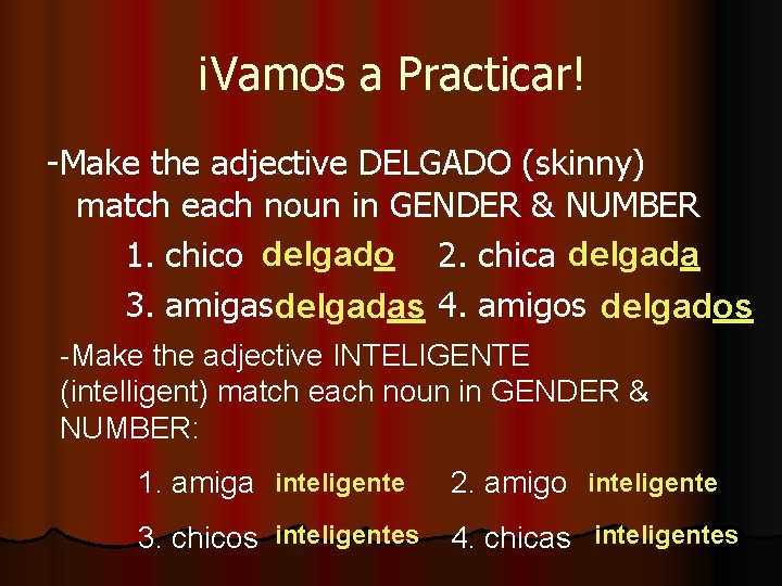 ¡Vamos a Practicar! -Make the adjective DELGADO (skinny) match each noun in GENDER &