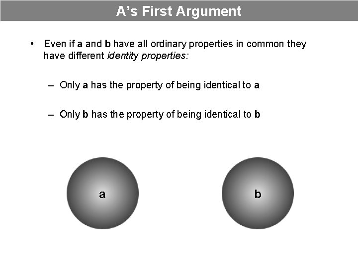 A’s First Argument • Even if a and b have all ordinary properties in