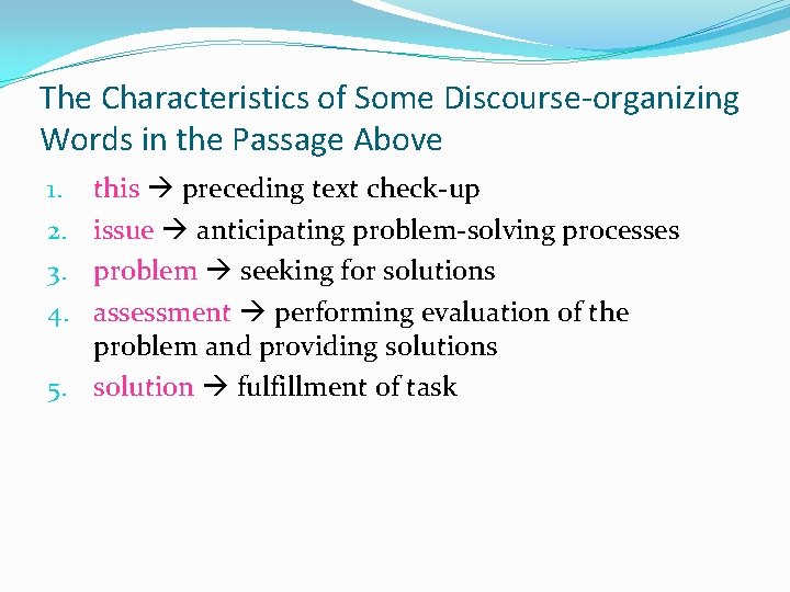 The Characteristics of Some Discourse-organizing Words in the Passage Above this preceding text check-up