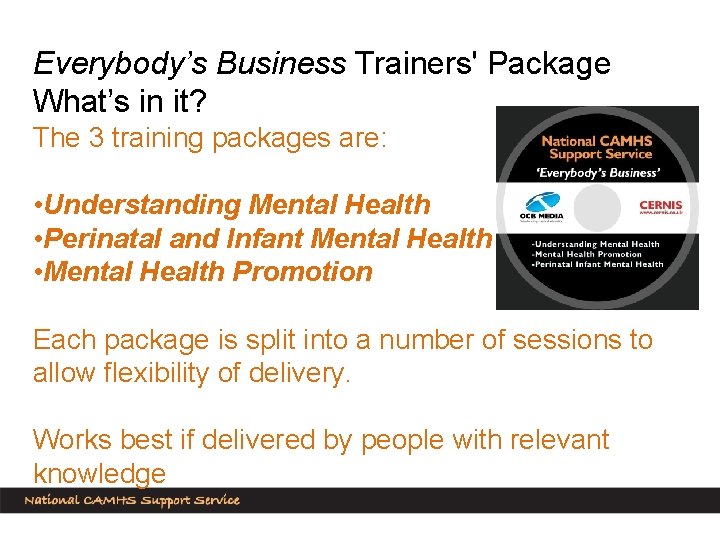 Everybody’s Business Trainers' Package What’s in it? The 3 training packages are: • Understanding