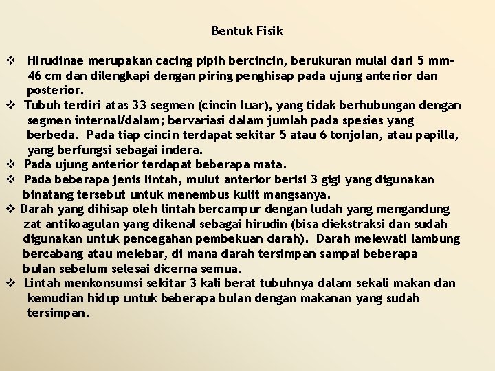 Bentuk Fisik v Hirudinae merupakan cacing pipih bercincin, berukuran mulai dari 5 mm 46