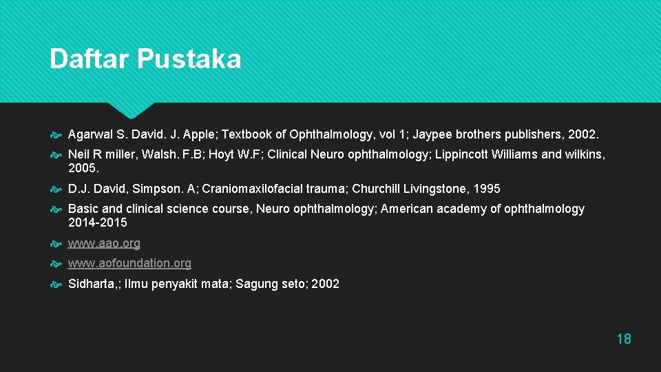 Daftar Pustaka Agarwal S. David. J. Apple; Textbook of Ophthalmology, vol 1; Jaypee brothers