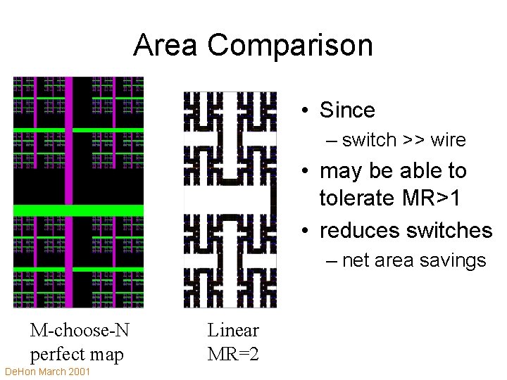 Area Comparison • Since – switch >> wire • may be able to tolerate